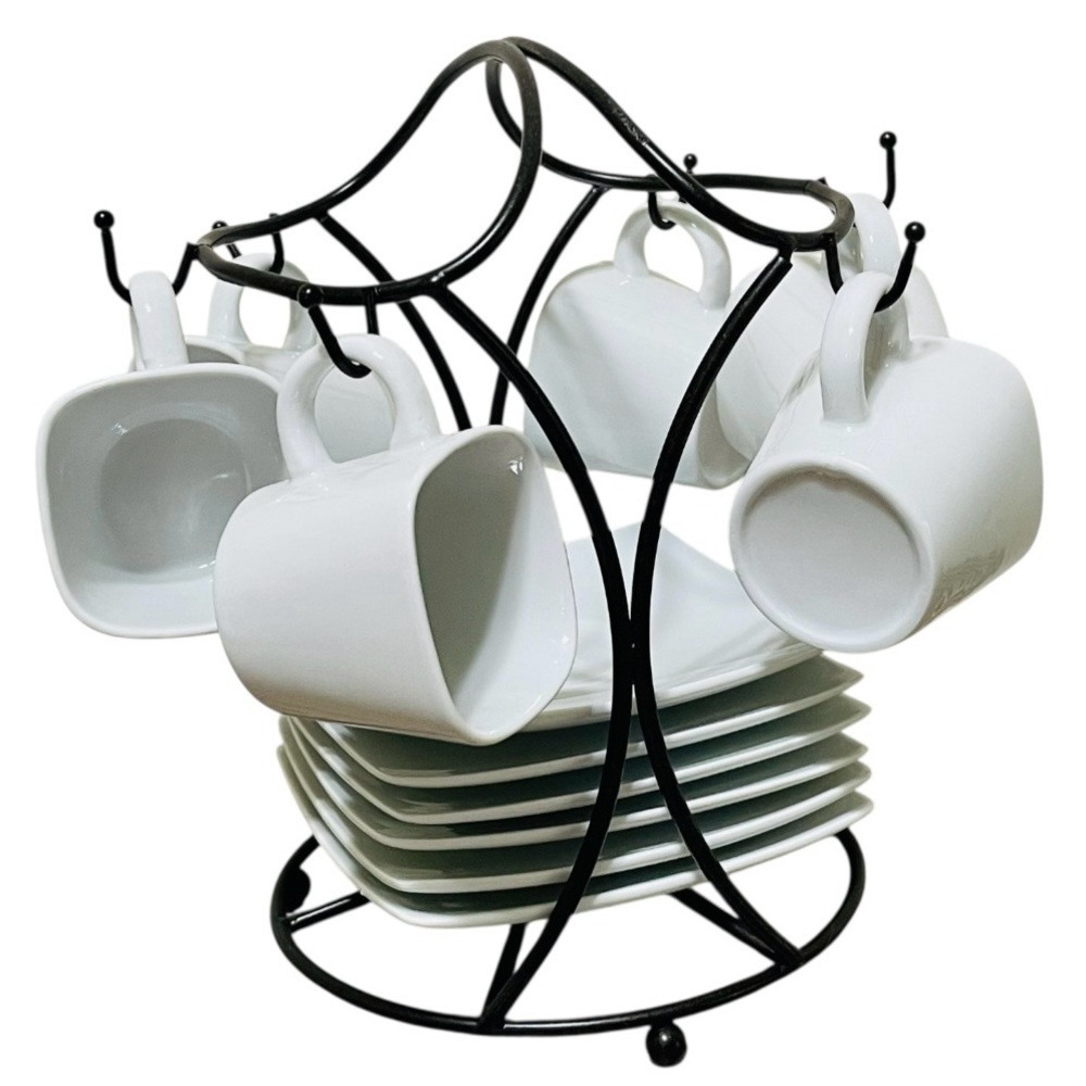 B. Smith White Ceramic Espresso Cups & Saucers Set of 6 Black Metal Storage Rack